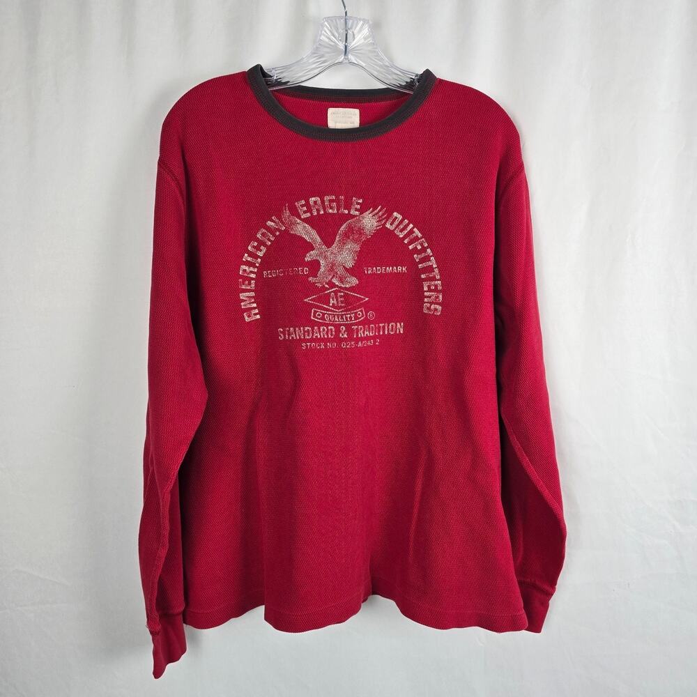 American Eagle Thermal Sweatshirt Men's L *** Red White Logo Long Sleeve Cotton